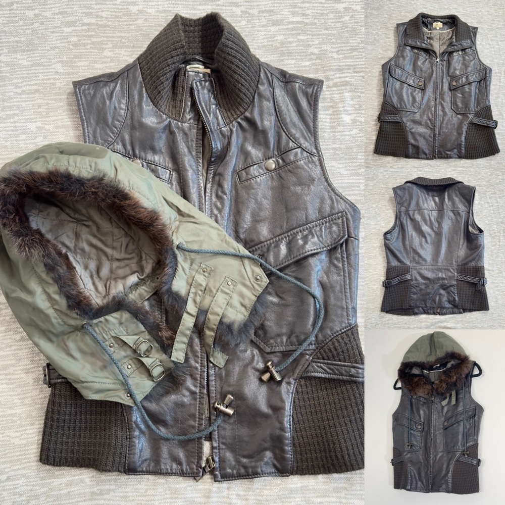 JUNE Leather Vest Jacket Black Hooded Fur Trim Rib Knit Collar Zip Size Medium